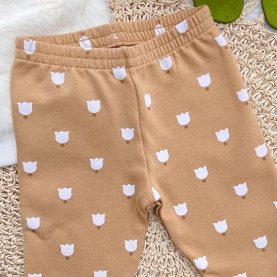 Conj. Casaco de Pelinho Flores e Calça Legging - Caramelo e Off White